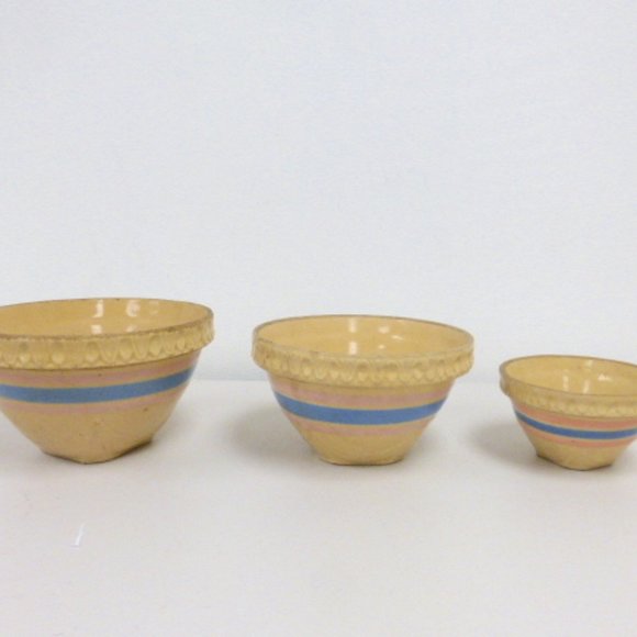antique yellow ware 3 piece bowl set pink blue